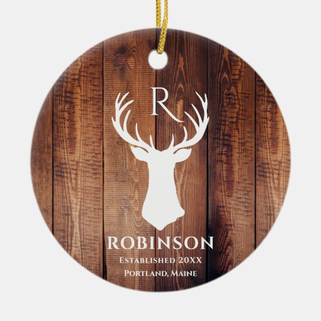 Rustic Family Monogram Wood Styled Hjort Antler Julgransprydnad Keramik (Framsidan)