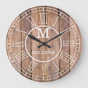 Rustic Family Namn Monogram Brown Wood Stor Klocka