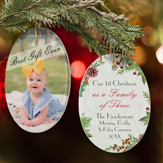 Rustic Family of 3 1st Christmas Milestone Photo Julgransprydnad Keramik (Skapare uppladdad)