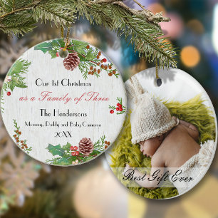 Rustic Family of 3 1st Julafton Newborn Best Gift Julgransprydnad Keramik