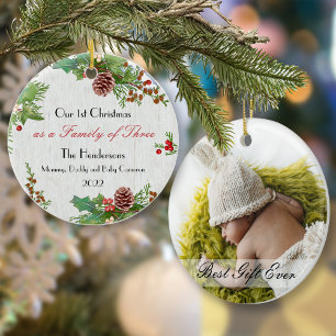 Rustic Family of 3 1st Julafton Newborn Best Gift Julgransprydnad Keramik