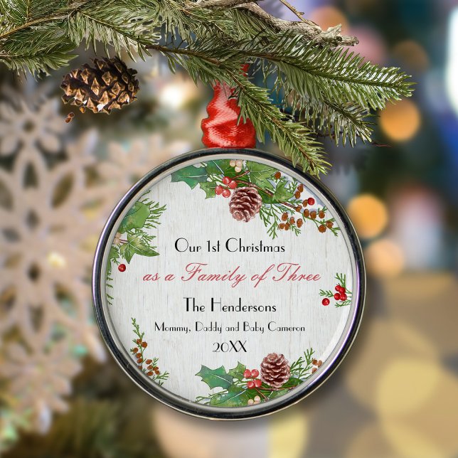 Rustic Family of 3 New Baby 1st Xmas Milestone Julgransprydnad Metall (Skapare uppladdad)
