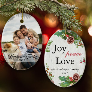 Rustic Family Photo 2-sidig Joy Peace Kärlek Julaf Julgransprydnad Keramik