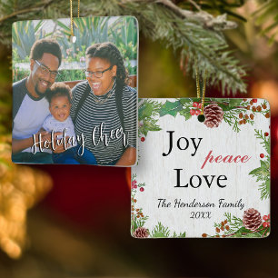 Rustic Family Photo 2-sidig Joy Peace Kärlek Julaf Julgransprydnad Keramik