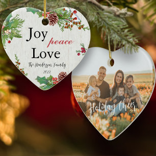 Rustic Family Photo 2-sidig Joy Peace Kärlek Julaf Julgransprydnad Keramik