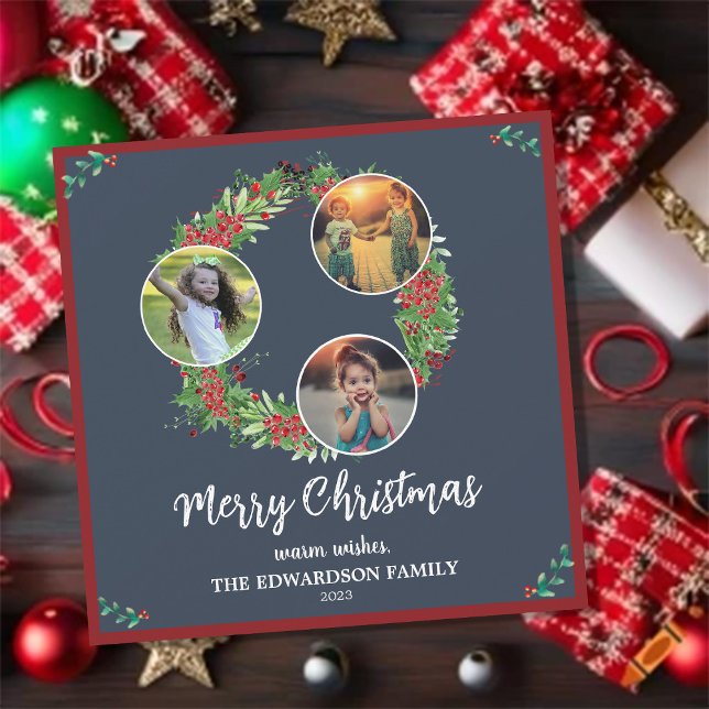 Rustic family photo collage Merry Holiday card Julkort (Create your own family photo collage Merry Holiday card.
You can add your own photos, name and text.)