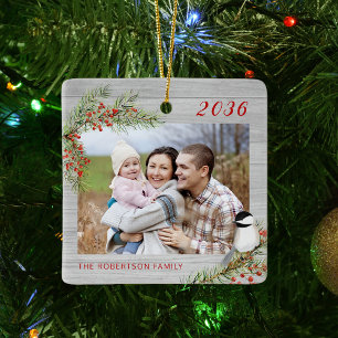 Rustic Family Photo jul Chickadee Julgransprydnad Keramik