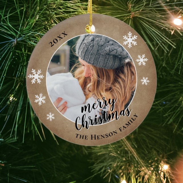 Rustic Family Photo Snowflake God jul Julgransprydnad Keramik (Skapare uppladdad)