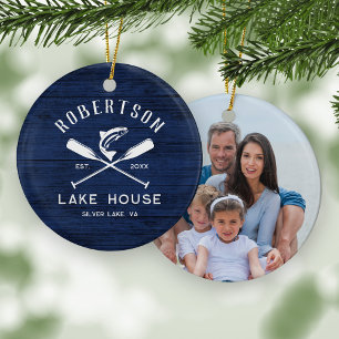 Rustic Family Sjö House Blue Wood Photo Julgransprydnad Keramik