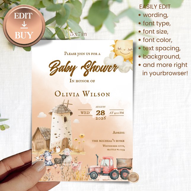 Rustic Farm Animal Baby Shower Invitation Inbjudningar (Skapare uppladdad)