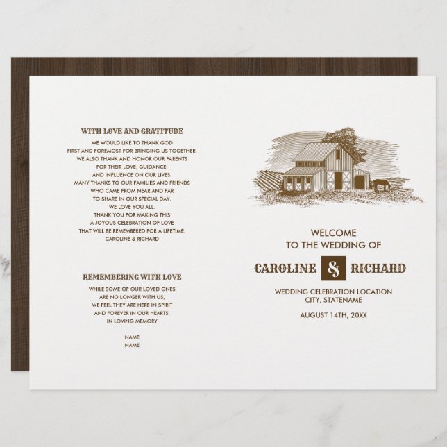 Rustic Farm Barn Wood Bröllop Folded Programme (Fram/baksida)