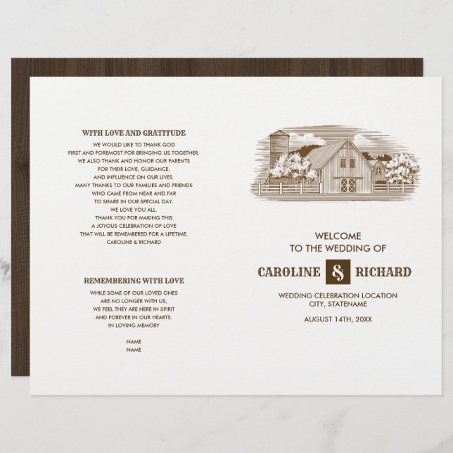 Rustic Farm Barn Wood Bröllop Folded Programme (Fram/baksida)