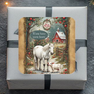 Rustic Farm Horse Lamb Red Barn Merry Christmas Fyrkantigt Klistermärke