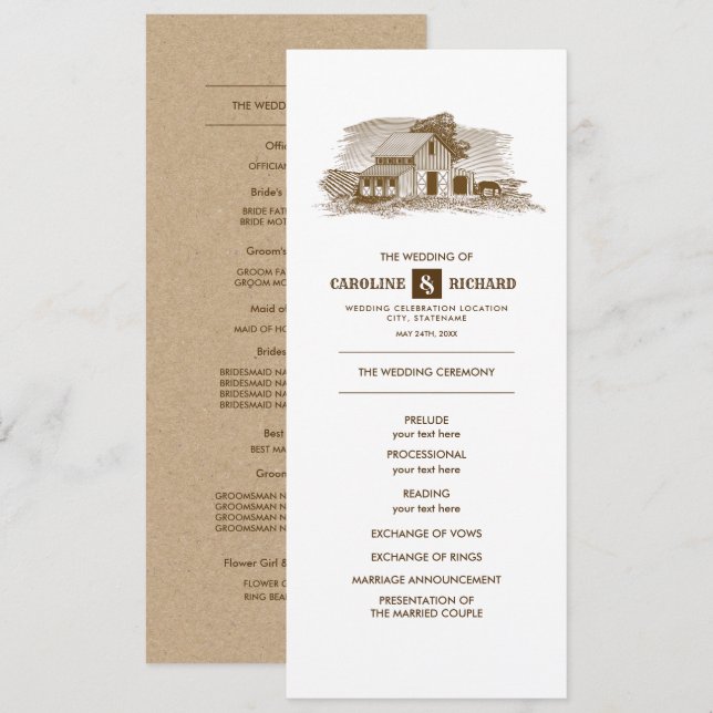 Rustic Farm, Kraft Pappra Bröllopsprogrammet Program (Fram/baksida)