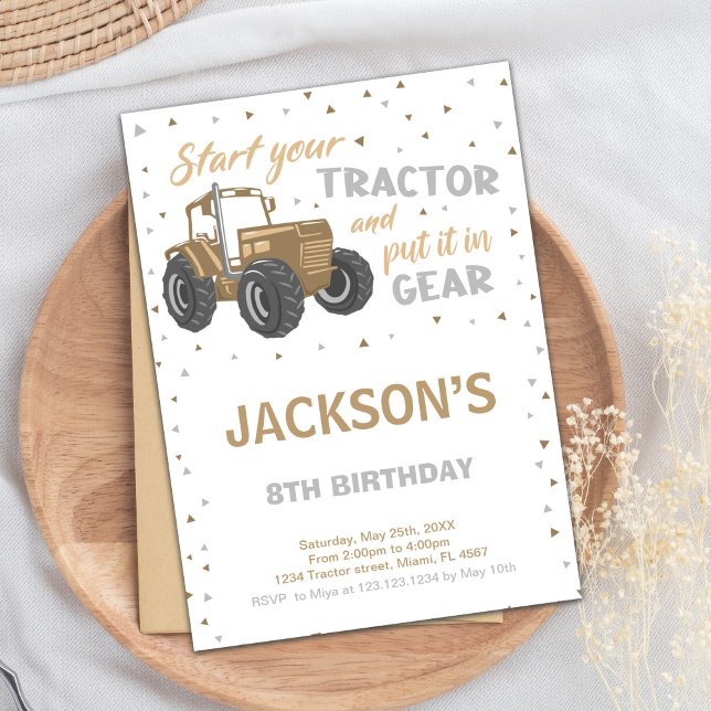 Rustic Farm Party Card for Boys Inbjudningar (Brown Tractor Birthday Invitations)