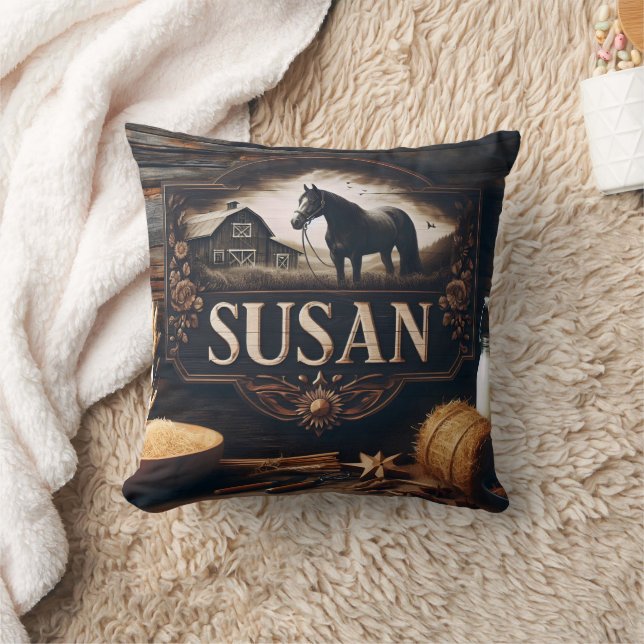 Rustic Farm Sign Featating Horse and Barn Kudde (Filt)