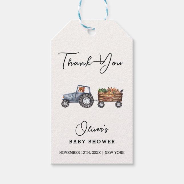 Rustic Farm Tractor Nalle Baby Shower Presentetikett (Framsidan)