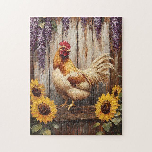 Rustic Farm Tupp med solblommor och Wisteria Pussel (Vertikal)