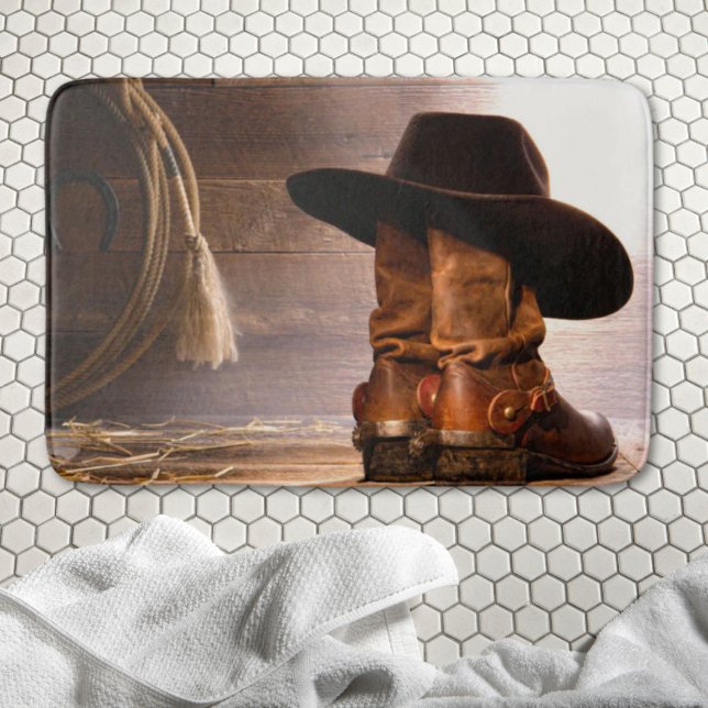 Rustic Farm westerna cowboyskor i land Badrumsmatta (Rustic Farm western country barn wood cowboy boots Bath Mat)