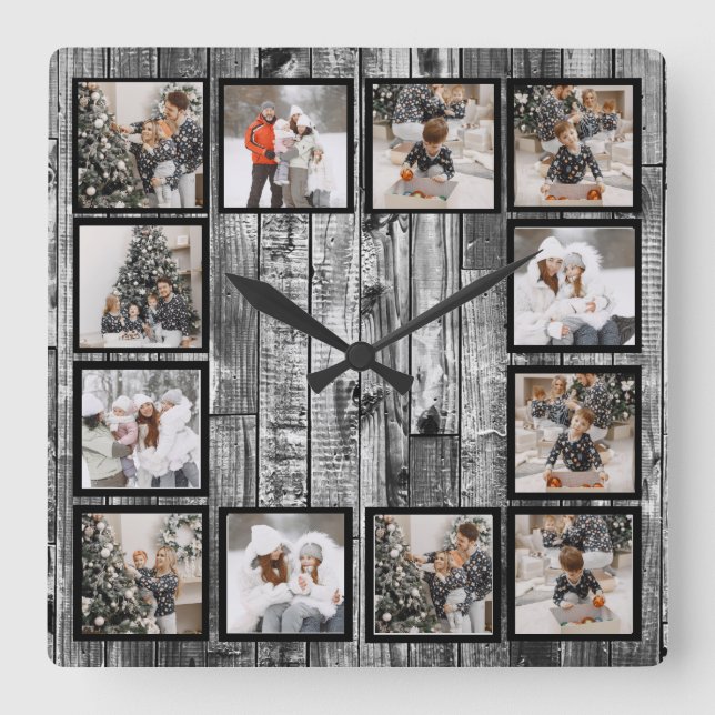 Rustic Farmhouse Anpassningsbar Photo Collage Fyrkantig Klocka (Framsida)