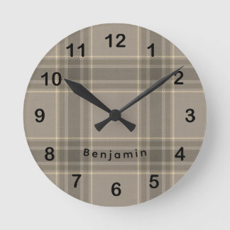 Rustic Farmhouse Beige Grey Plaid Tartan Rund Klocka