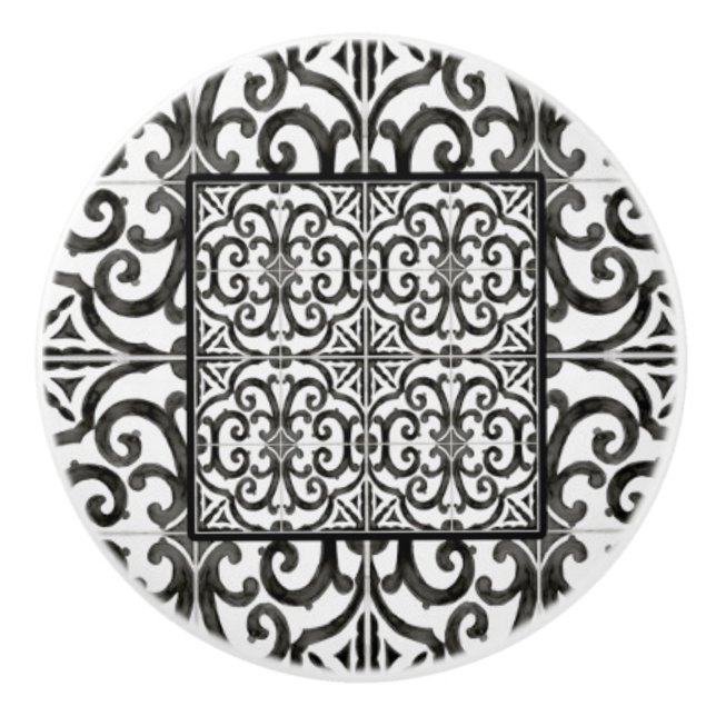 Rustic Farmhouse Black and White Scrollwork Tile Knopp (Framsidan)