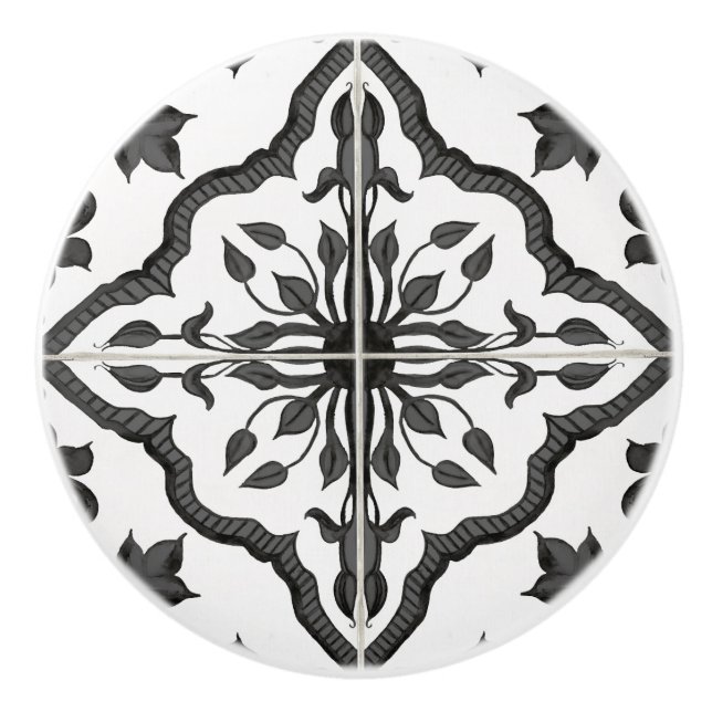 Rustic Farmhouse Black White Foliage Tile Mönster Knopp (Framsidan)