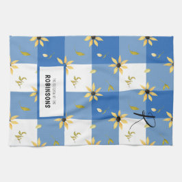 Rustic farmhouse blue gingham blommigt monogrammad kökshandduk