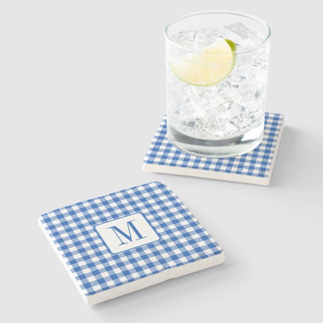 Rustic Farmhouse Blue och White Gingham Monogram Stenunderlägg (Sidan)