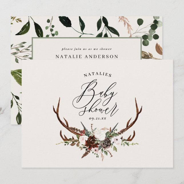 Rustic farmhouse botaniskt manuschema babydusch inbjudningar (Fram/baksida)