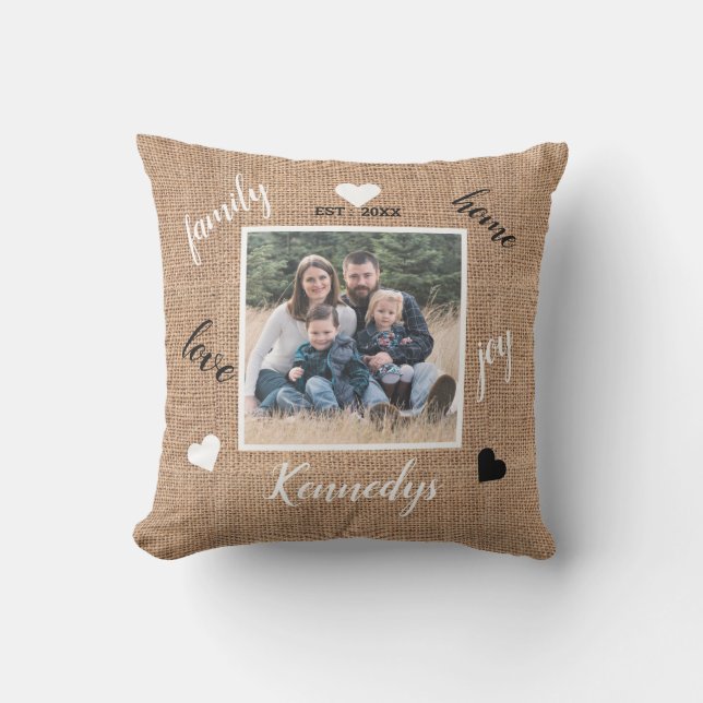 Rustic Farmhouse Burlap Anpassningsbar Family Namn Kudde (Framsida)