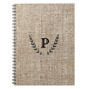Rustic Farmhouse Burlap & Black Botanical Laurel Anteckningsbok