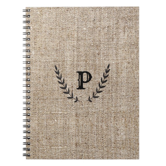 Rustic Farmhouse Burlap & Black Botanical Laurel Anteckningsbok (Framsidan)
