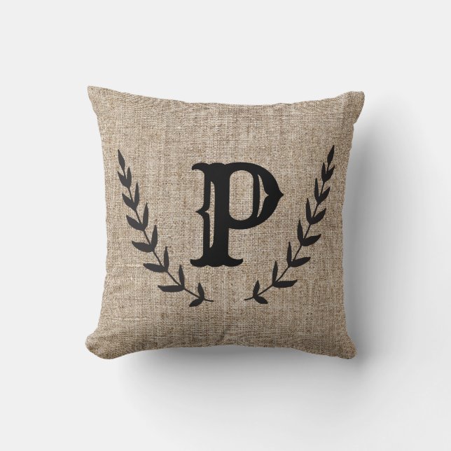 Rustic Farmhouse Burlap & Black Botanical Laurel Kudde (Framsida)
