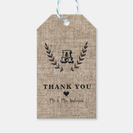 Rustic Farmhouse Burlap & Black Botanical Laurel Presentetikett