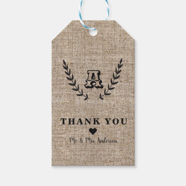 Rustic Farmhouse Burlap & Black Botanical Laurel Presentetikett (Framsidan)