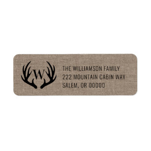 Rustic Farmhouse Burlap Hjort Antlers Monogram Returadress Etikett