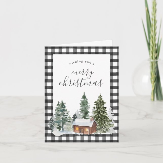 Rustic Farmhouse Cabin Black White-kontroll jul Helgkort (Framsida)