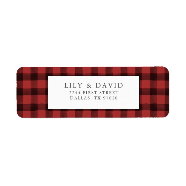 Rustic Farmhouse Cabin Red Black Check Play Returadress Etikett (Framsidan)