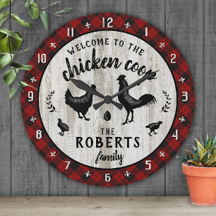 Rustic Farmhouse Chicken Coop Wood Plaid Anpassnin Rund Klocka
