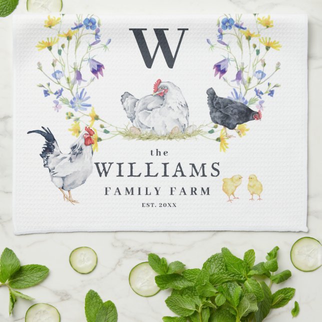 Rustic Farmhouse Chicken | Familj Namn Monogram Kökshandduk (Vikta)
