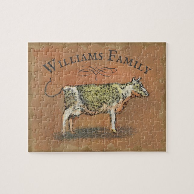 Rustic Farmhouse Cow Monogram Family Namn Pussel (Horisontell)