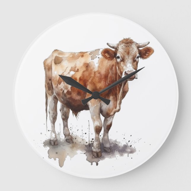 Rustic Farmhouse Cow Porträtt Stor Klocka (Framsida)