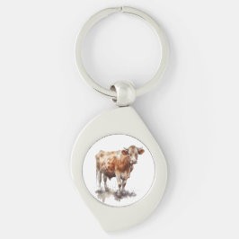 Rustic Farmhouse Cow Porträtt Swirl Silverfärgad Nyckelring