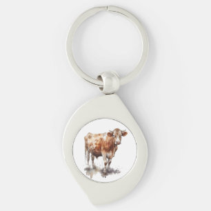 Rustic Farmhouse Cow Porträtt Swirl Silverfärgad Nyckelring