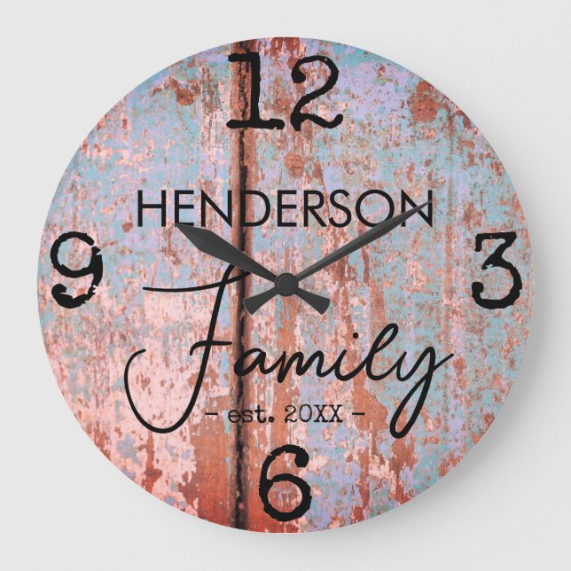 Rustic Farmhouse Distress Faux Wood Family Namn Stor Klocka (Framsida)