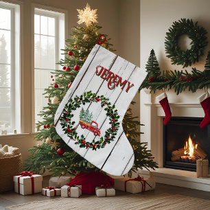 Rustic Farmhouse Distress Wood Red Lastbil Stor Julstrumpa