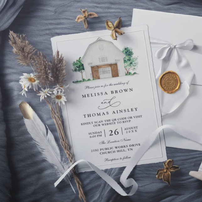 Rustic Farmhouse Elegant Barn QR Code Wedding Inbjudningar (Skapare uppladdad)