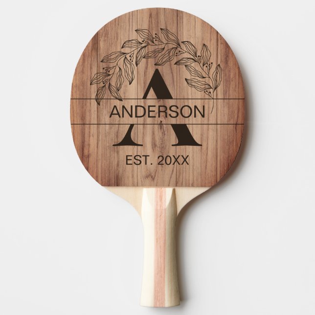 Rustic Farmhouse Family Namn Wood Monogrammed Pingisracket (Framsidan)