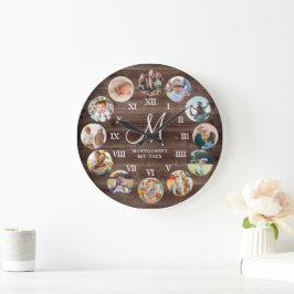 Rustic Farmhouse Family Photo Collage Monogram Stor Klocka